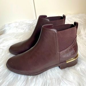 Aldo Brown Chelsea Ankle Boots with Croc-Textured Heel and Gold Accent